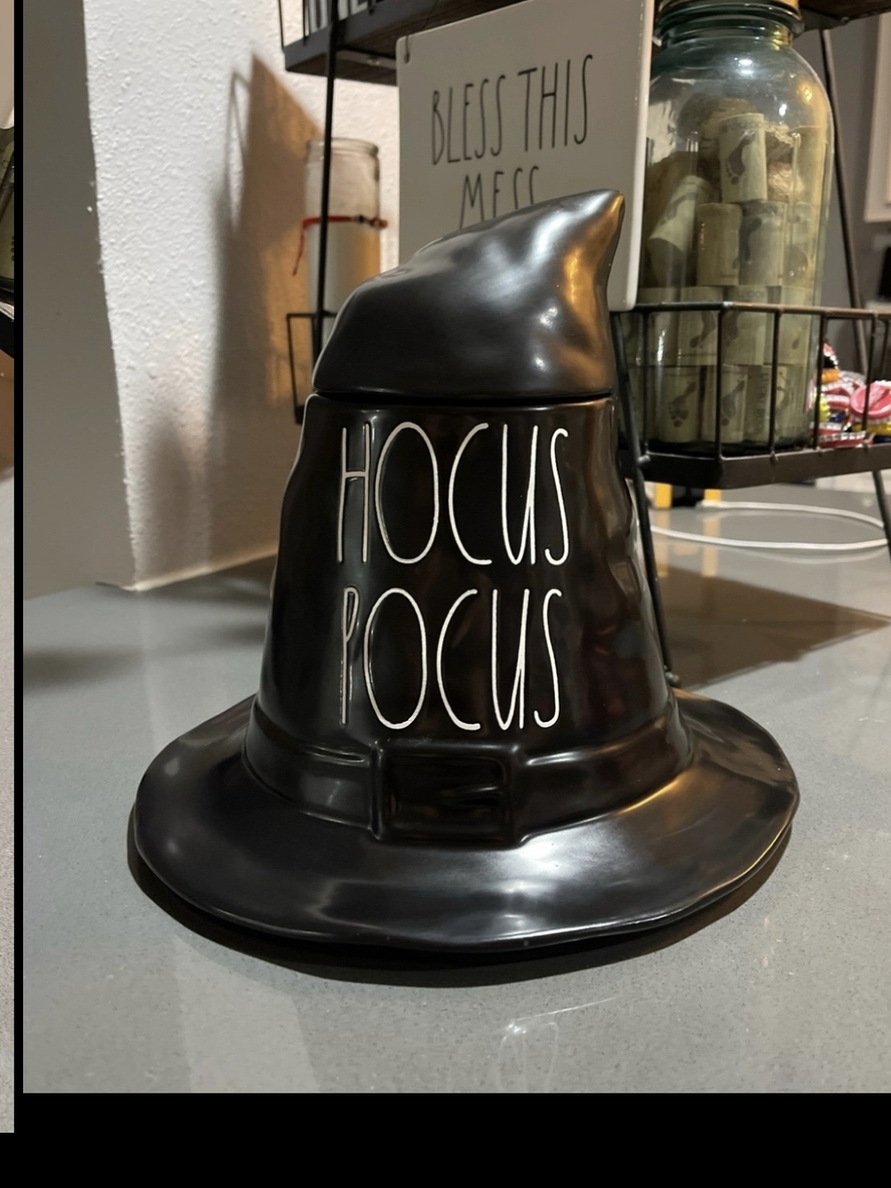 Rae Dunn Black Witch Hat Candy Jar with HOCUS POCUS Lettering